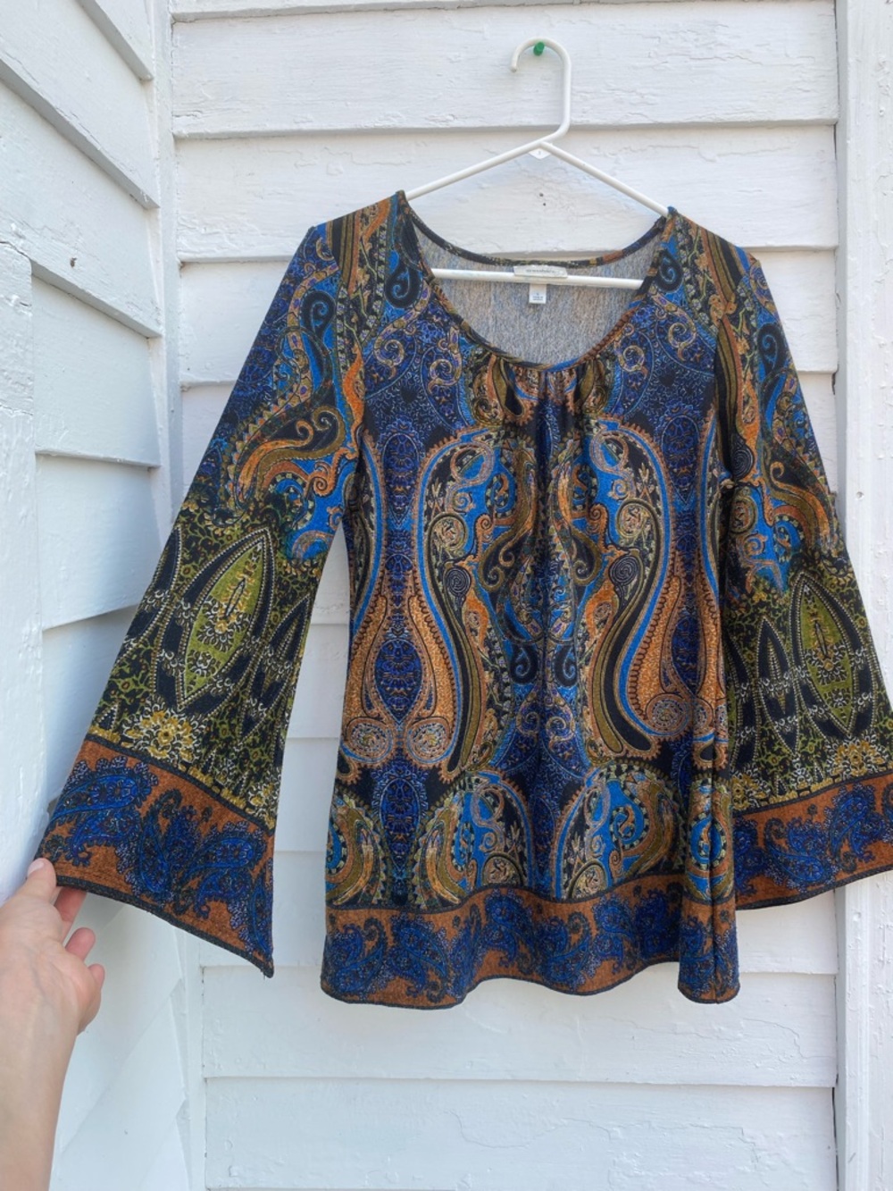 Dress barn Blue Paisley Bell-Sleeve Top with Brown and Green Accents Boho